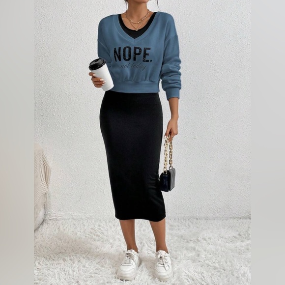 SHEIN Dresses & Skirts - Letter Print V-Neck Sweatshirt And Bodycon Dress 2pcs/Set Size S/XS NWOT